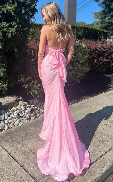Cute Mermaid Halter Pink Elastic Satin Long Prom Dress VK25012505