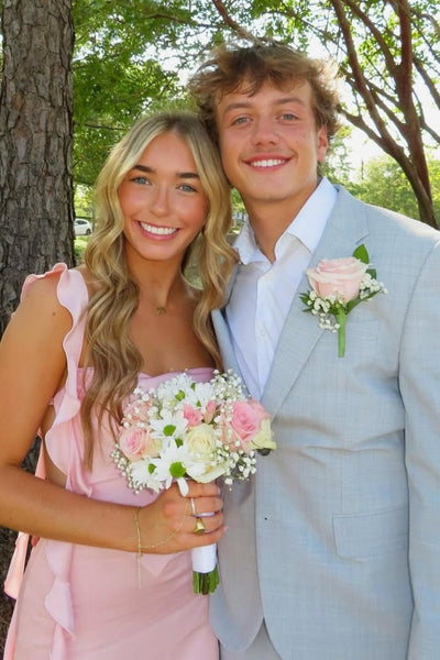 Blush Pink Ruffle Strap Mini Homecoming Dress with Side Cutouts VK25092904