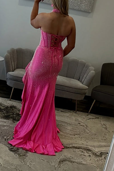 Mermaid Halter Fuchsia Beaded Long Prom Dresses with Ruffle Slit VK26011203