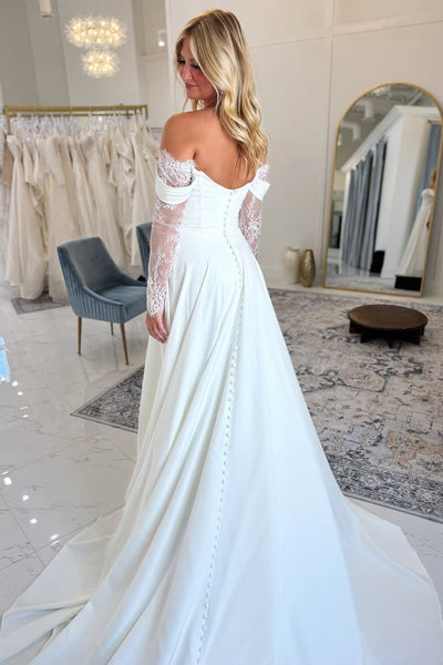 Bohemian A Line Off the Shoulder Satin Lace Wedding Dress VK25062401