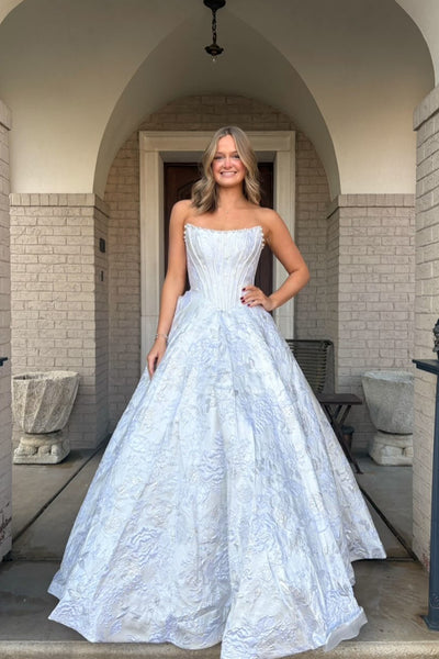 Gorgeous A Line Scoop Neck White Jacquard Satin Long Prom Dress with Beading VK25121105