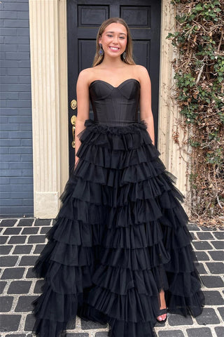 Black Strapless A-line Multi-Layers Tulle Long Prom Dress VK23102905