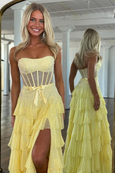 A-Line Strapless Lilac Ruffle Tiered Beaded Long Prom Dresses with Slit VK26012709