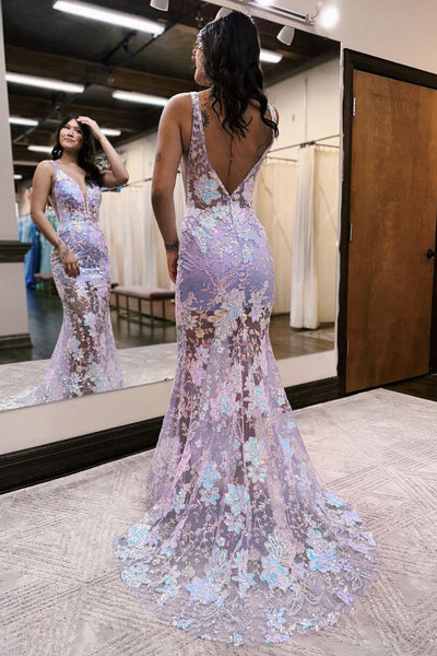 V Neck Mermaid Lavender Sequin Lace Long Prom Dresses VK23091207
