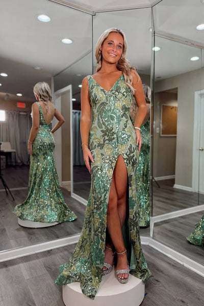 Mermaid V Neck Sage Green Sequins Lace Long Prom Dress with Slit VK25112506