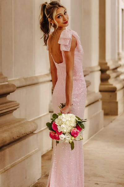 Sparkly Mermaid Sccop Neck with Bow Straps Pink Sequins Prom Dresses VK26011403