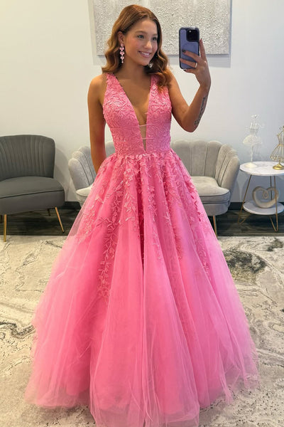 Gorgeous A Line V Neck Pink Tulle Prom Dress with Appliques VK15112701