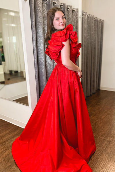 Red Ruffle V Neck Satin A-Line Long Prom Dresses VK24031902