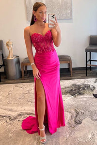 Barbie Pink Lace Strapless Sheath Dress with Slit VK23092607