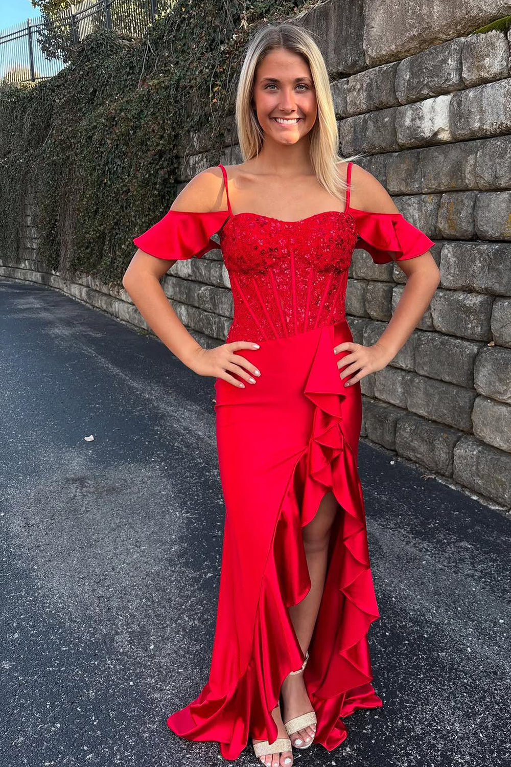 Mermaid Cold Shoulder Red Satin Long Prom Dresses with Ruffle Slit VK25032305