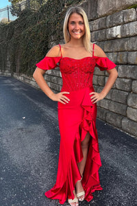 Mermaid Cold Shoulder Red Satin Long Prom Dresses with Ruffle Slit VK25032305