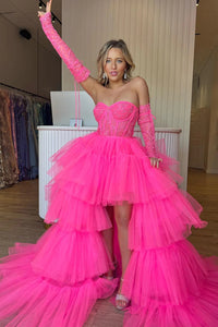 Cute Hot Pink High Low Detachable Sleeves Tiered Tulle Homecoming Dress with Lace VK23101305