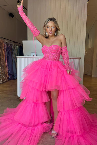 Cute Hot Pink High Low Detachable Sleeves Tiered Tulle Homecoming Dress with Lace VK23101305