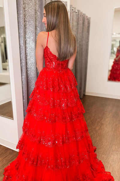 Red Sequin Lace V Neck Tiered A-Line Long Prom Dresses VK23112302