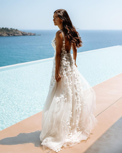 Bohemian A Line V Neck Tulle Wedding Dresses with 3D Appliques VK23051702