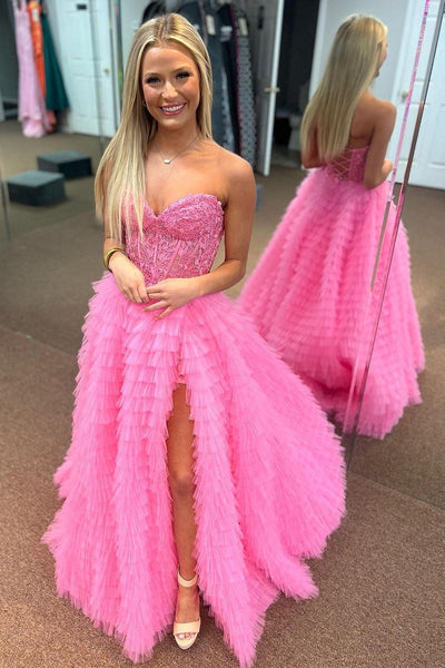 A-Line Yellow Appliques Sweetheart Ruffle Tiered Tulle Prom Dress VK23112112