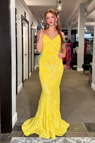 Mermaid V Neck Yellow Sequins Lace Backless Long Prom Dresses VK24021802