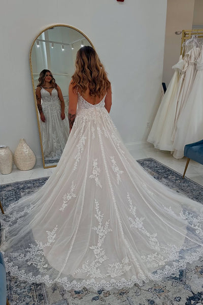 A-Line V Neck Ivory Tulle Lace Wedding Dresses VK021305