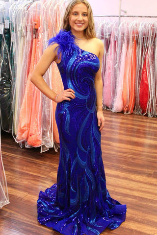 Mermaid One Shoulder Royal Blue Sequins Long Prom Dresses with Feather VK24021702