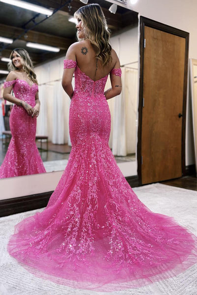 Hot Pink Off the Shoulder Sequin Lace Long Mermaid Prom Dress VK23100403