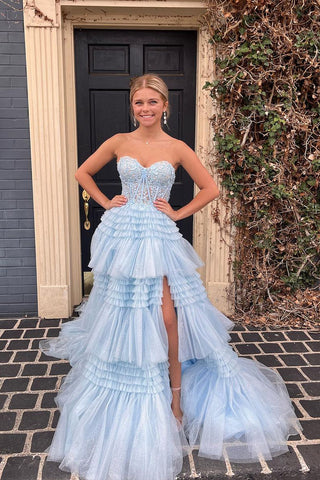 Blue Strapless Ruffle Tiered Tulle Long Prom Dresses with Appliques VK24051705