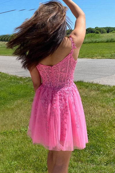 Princess A-line Hot Pink Lace Appliques Short Homecoming Dresses VK23082204