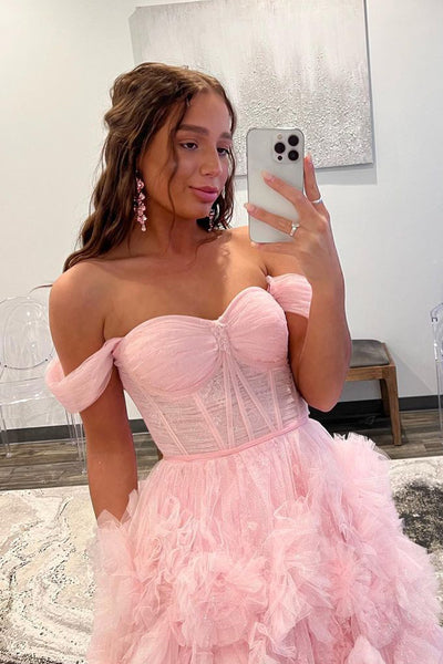 Princess Ball Gown Off the Shoulder Pink Tulle Prom Evening Dresses VK23082401