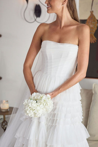 Elegant A-Line Strapless White Tulle Ruffle Tiered Wedding Dress VK26081001