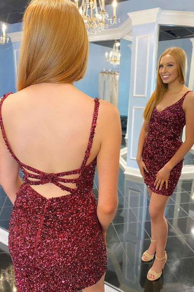 Glitter V Neck Red Sequins Tight Mini Homecoming Dress VK23092007