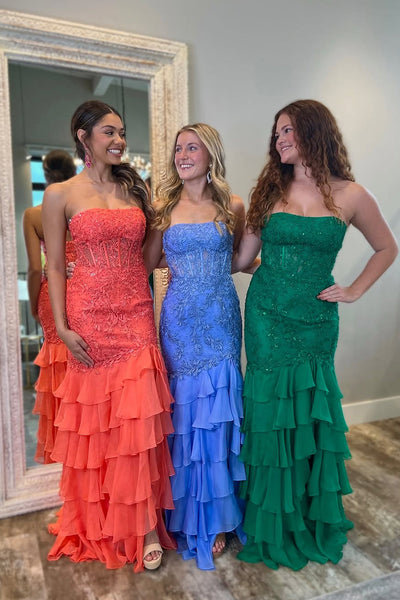 Cute Sheath Scoop Neck Chiffon Tiered Slit Prom Dresses with Appliques VK112111