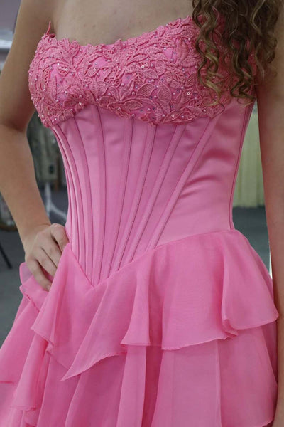 A-Line Strapless Pink Ruffle Tiered Chiffon Long Prom Dresses with Slit VK26011803