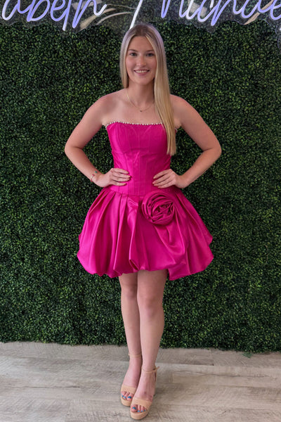 A Line Strapless Fuchsia Satin Homecoming Dress AB26073107