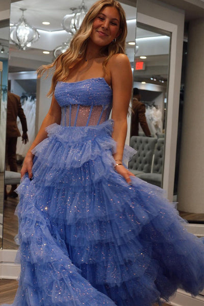 Sparkly A-Line Strapless Tiered Tulle Long Prom Dresses VK24012902
