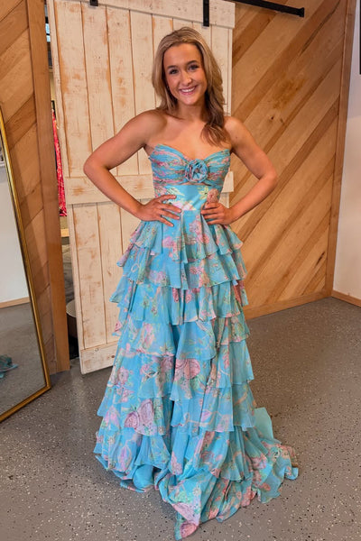 Cute A Line Sweetheart Floral Chiffon Tiered Prom Dress VK16020603