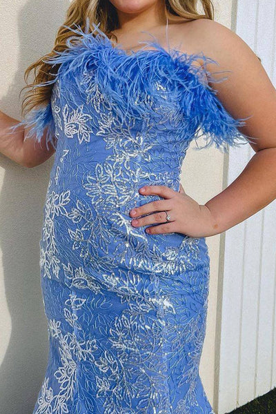 Mermaid Strapless Blue Long Prom Dress with Feather VK23111203