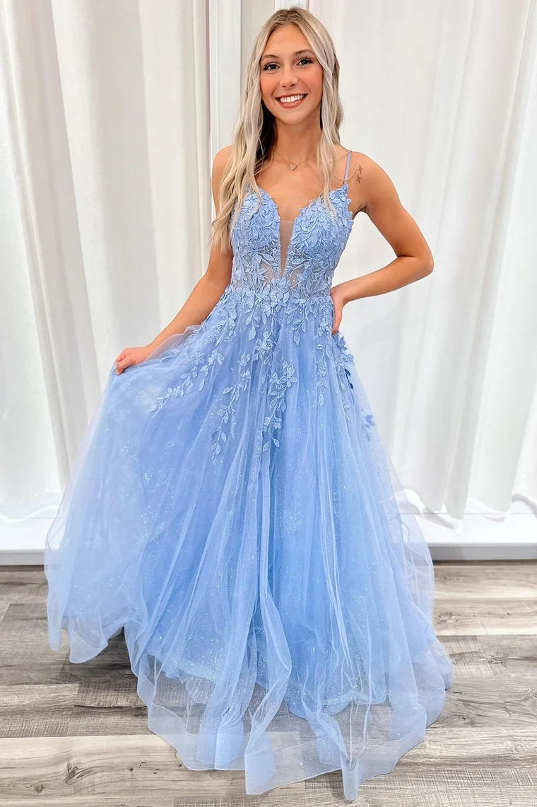 Light Blue Tulle Appliques Plunge V A-Line Long Prom Dress VK23122404