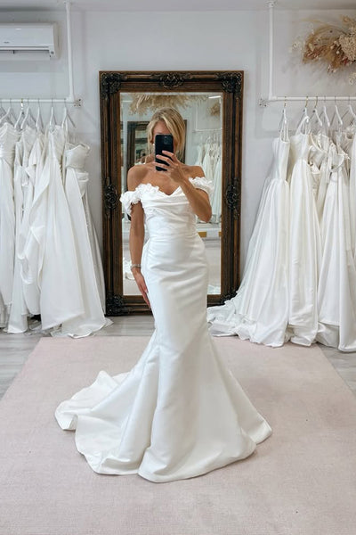 Chic Mermaid Off the Shoulder White Satin Wedding Dresses with Detachable Train VK25102206