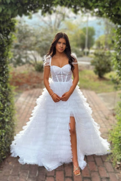 A-Line Sweetheart White Ruffle Tiered Tulle Long Prom Dress Homecoming Dresses with Slit VK25091708