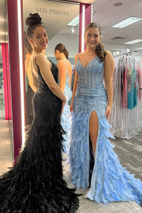 Blue Sequin Lace V Neck Long Prom Dresses with Feather VK23120106