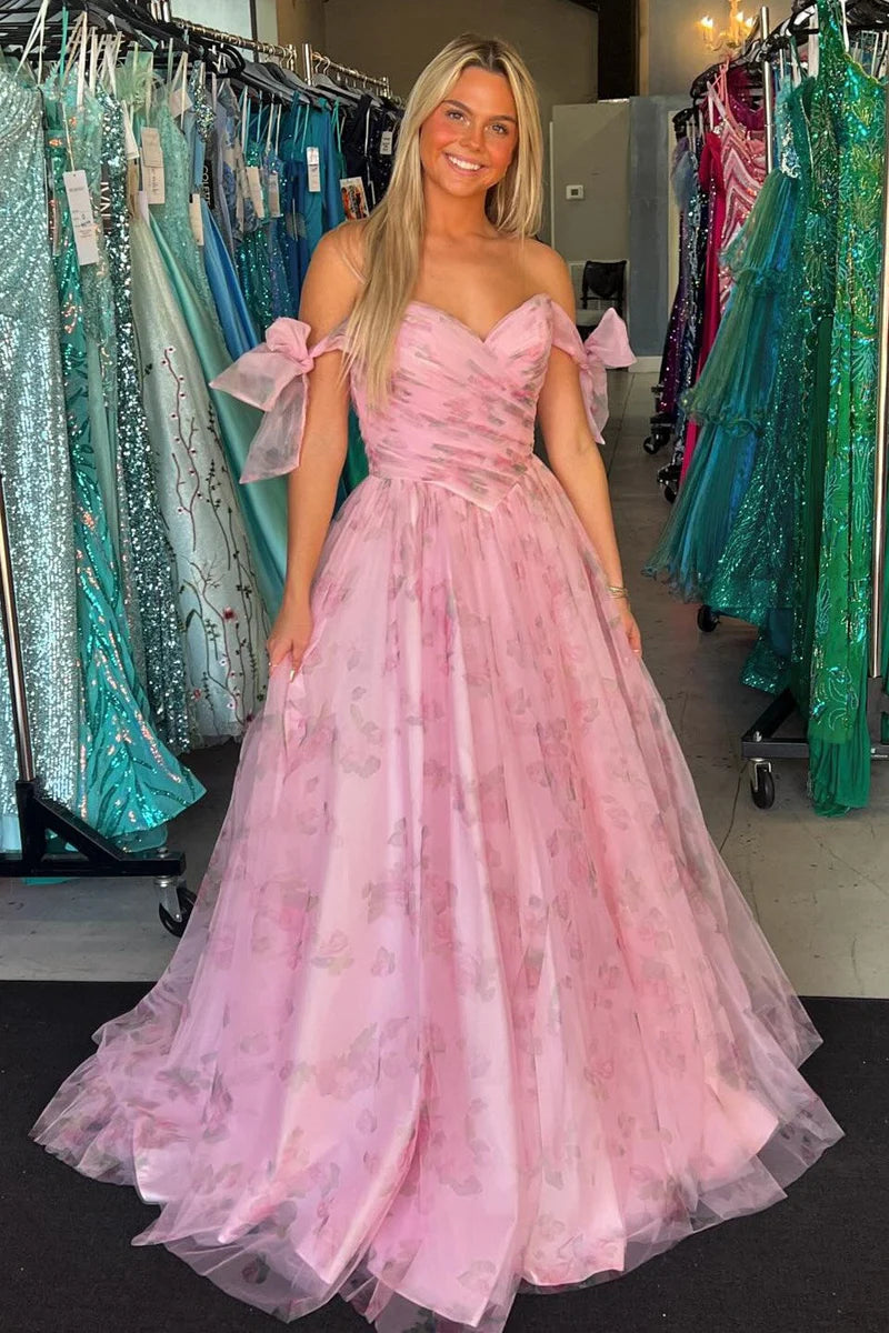 Cute A Line Sweetheart Blush Pink Printed Prom Dresses
