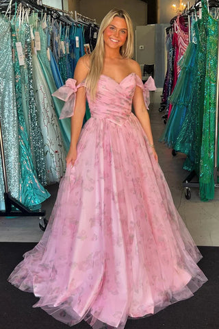 Cute A Line Sweetheart Blush Pink Printed Prom Dresses