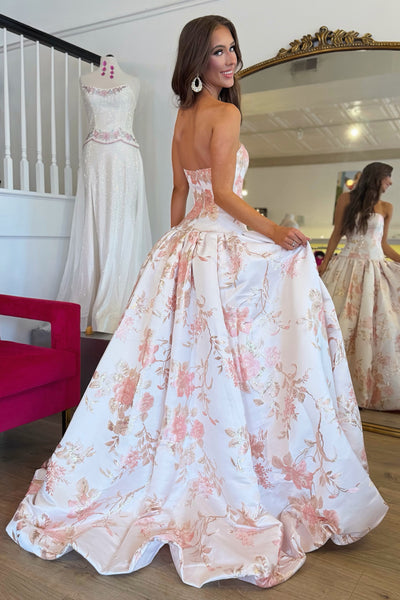 A-Line Strapless Light Pink Jacquard Satin Long Prom Dress VK26102602