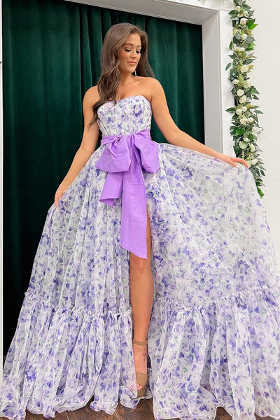Chic Floral Printed Chiffon Strapless Long Prom Dresses with Slit VK24031603