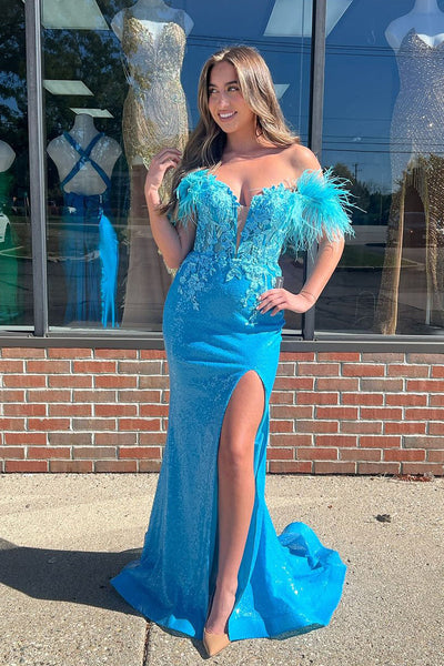 Cute Mermaid Off the Shoulder Sequins Feather Prom Dresses with Appliques