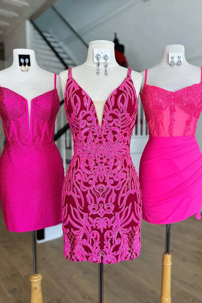 Hot Pink Bodycon Spaghetti Straps Corset Satin Short Homecoming Dresses with Sequin VK23091411