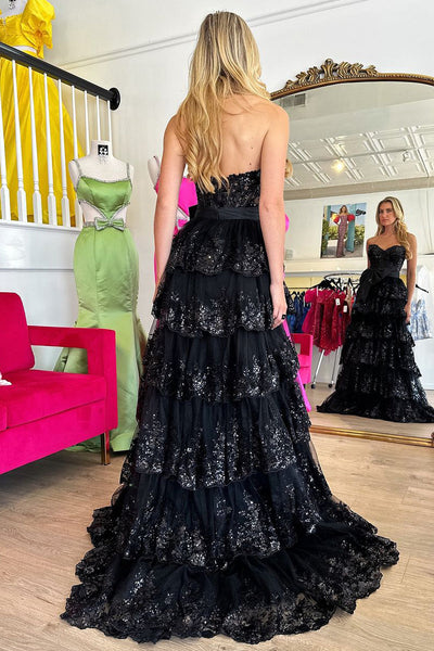 Gorgeous A Line Sweetheart Black Long Prom Dresses with Appliques