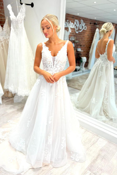 A-Line V Neck Tulle Appliques Wedding Dresses VK24010705