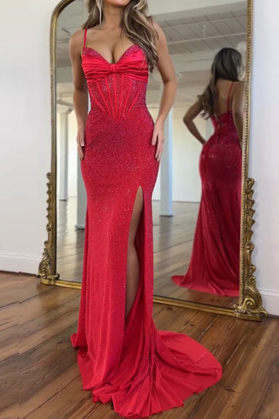 Mermaid Spaghetti Straps Red Corset Beads Long Prom Dresses with Slit VK26020101
