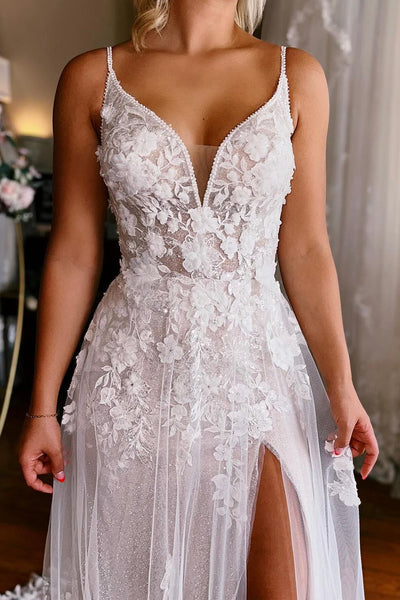 A-Line V Neck White Tulle Wedding Dresses with Appliques VK23101702