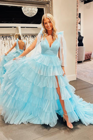 Sky Blue Ruffle Tiered Tulle V Neck Long Prom Dresses VK24021805